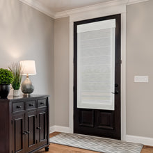 Charger l'image dans la galerie, Rideau magnétique avec valence au haut, modèle Horizon, pour porte d'acier Paoma avec tringle aimantée sur toute la longueur solide et sans percage fabriqué au Québec Canada. Voilage semi-transparent avec rayures brodés de qualité à prix abordable